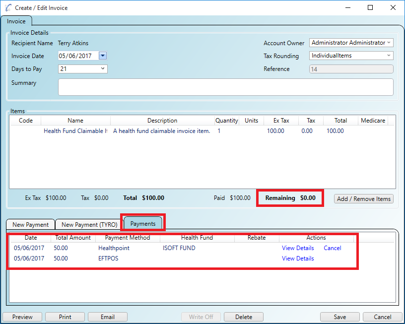 Split payments on a fully paid Healthpoint part paid invoice