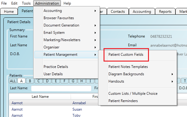 Accessing the patient custom fields screen