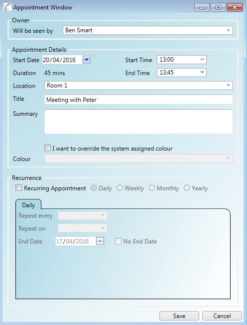 Setting appointment details including any recurring appointment setting