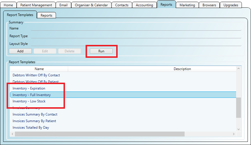 Running inventory and expiration reports
