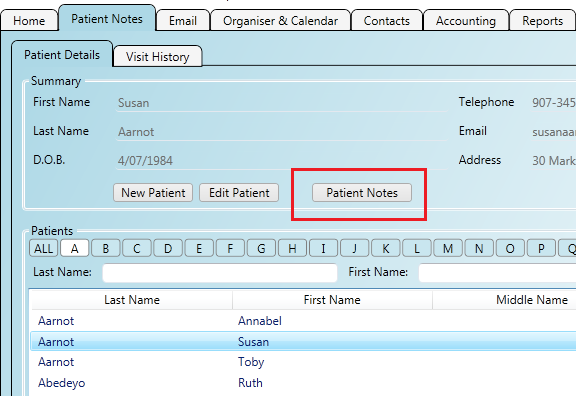 Opening the patient's notes from the patient details screen
