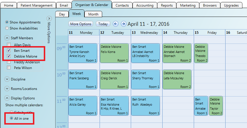 Show multiple users/rooms all colour coded together in a single calendar