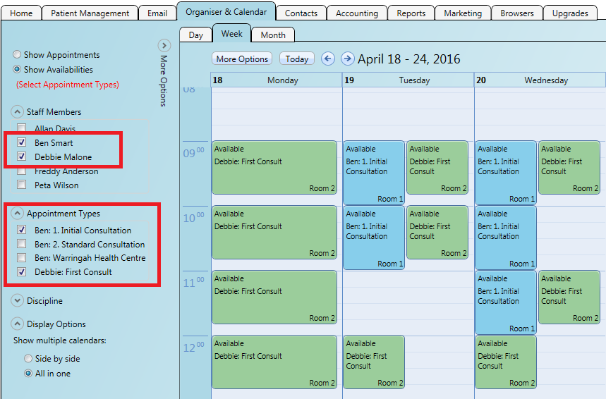 Selecting appointment types will show their availability on the calendar