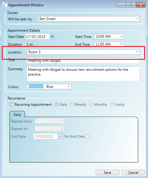 You can assign a room or location to your appointments