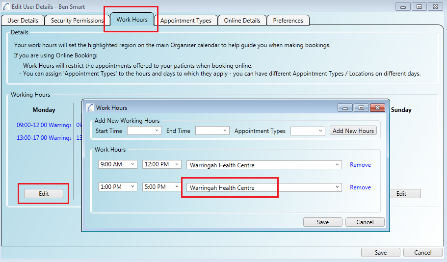 You can assign different appointment types, and therefore locations, to your working hours
