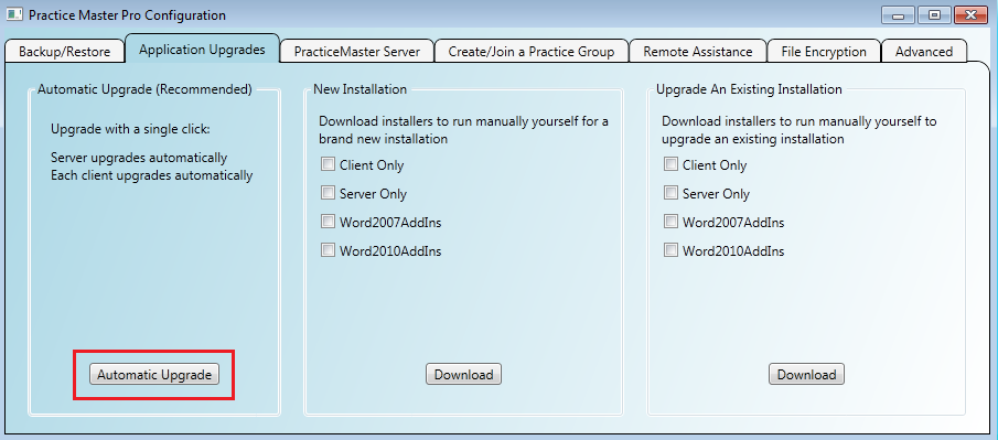Upgrading Practice Master Pro server and all clients with a single click