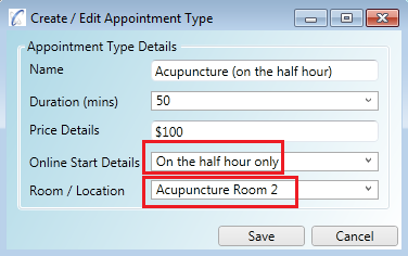 Appointment type set for Acupuncture Room 2 which has a start time setting of On The Half Hour
