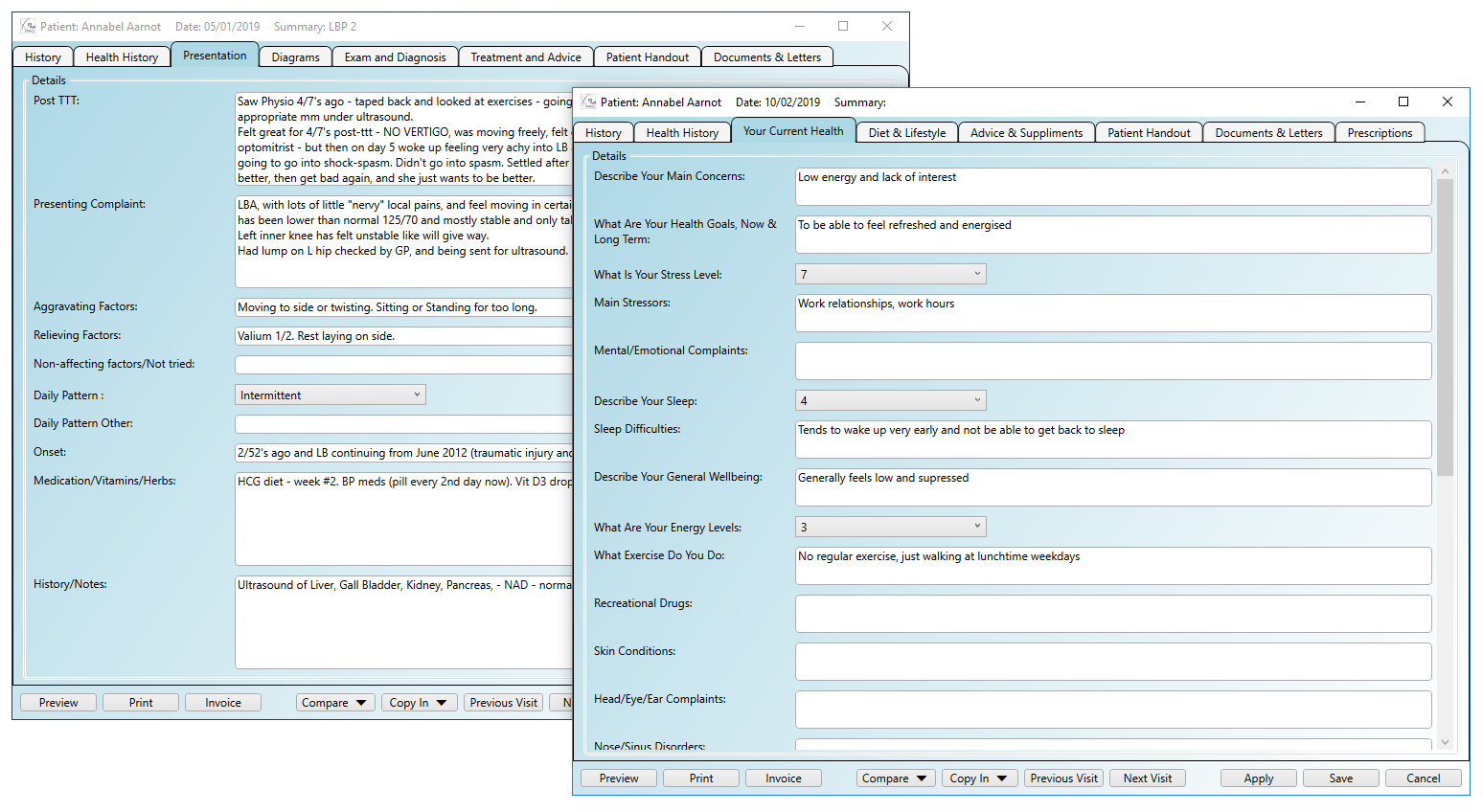 The physiotherapist patient notes template open in the software