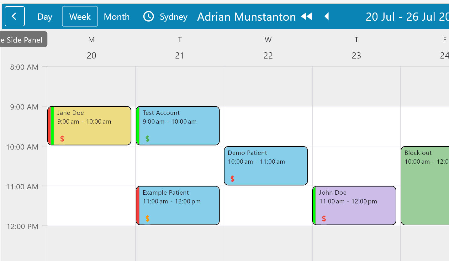 The calendars patient billing integrations showing appointments linked with invoice and payment status