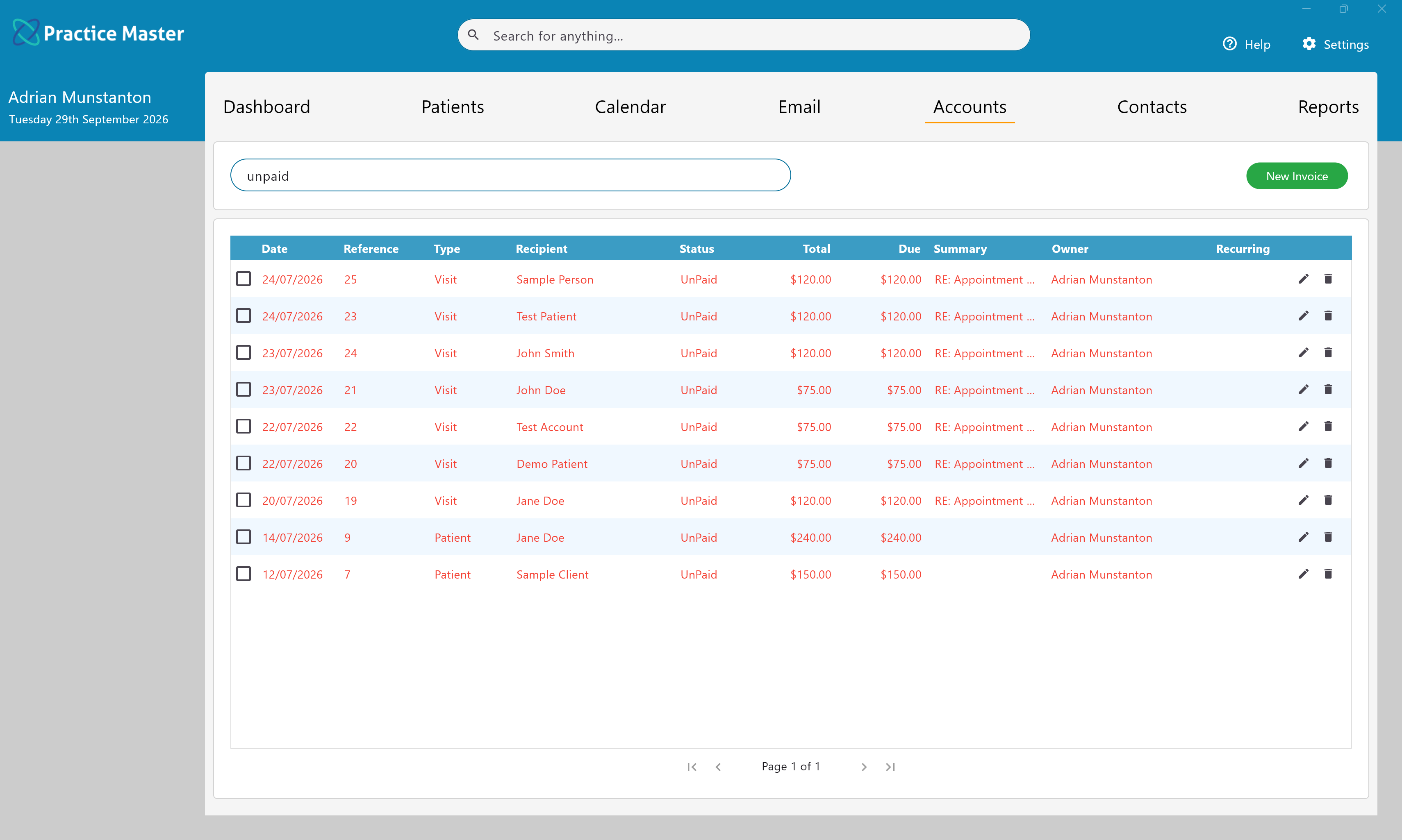 Unpaid invoices filtered for account follow-up