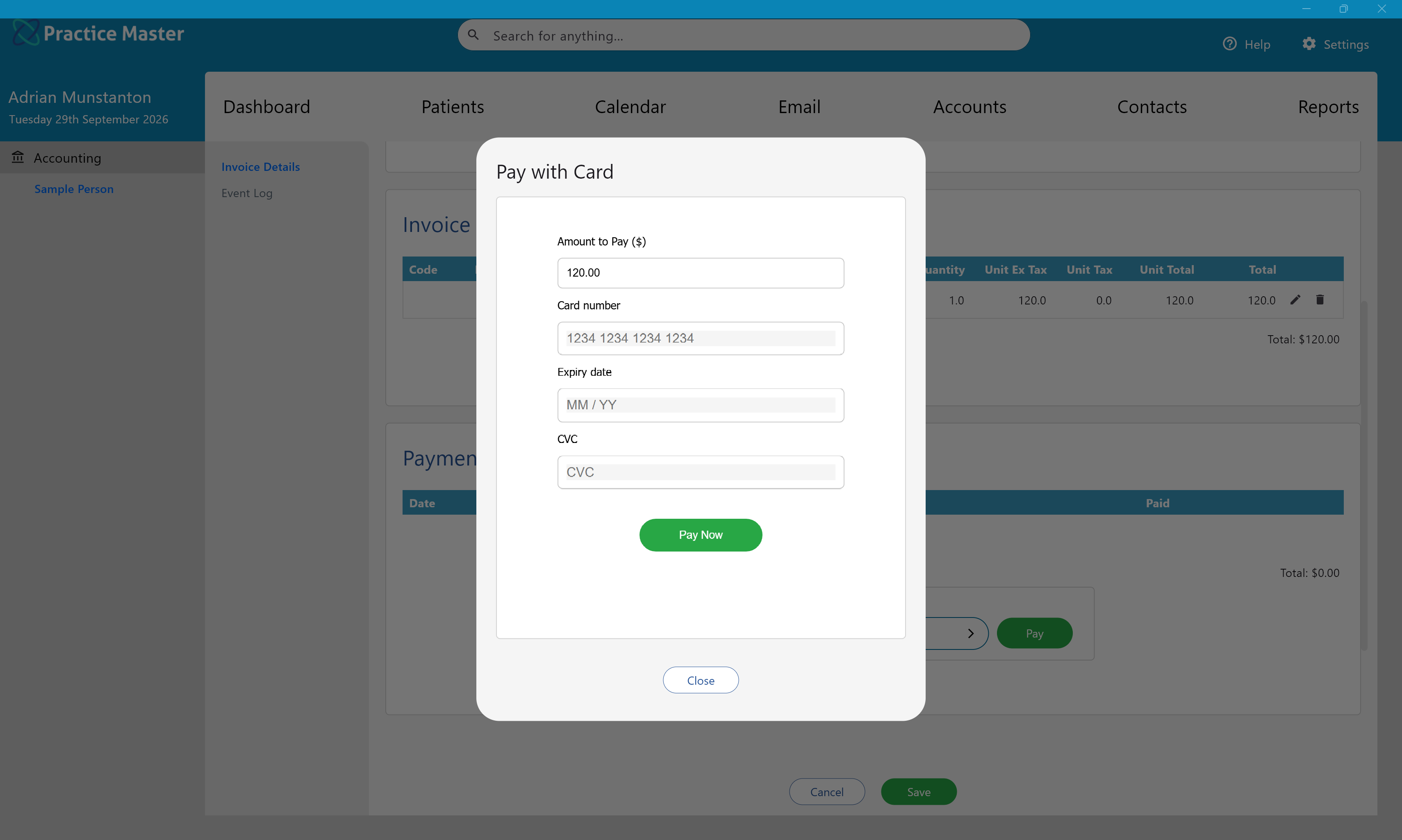 Card payment options within Practice Master Pro patient billing software