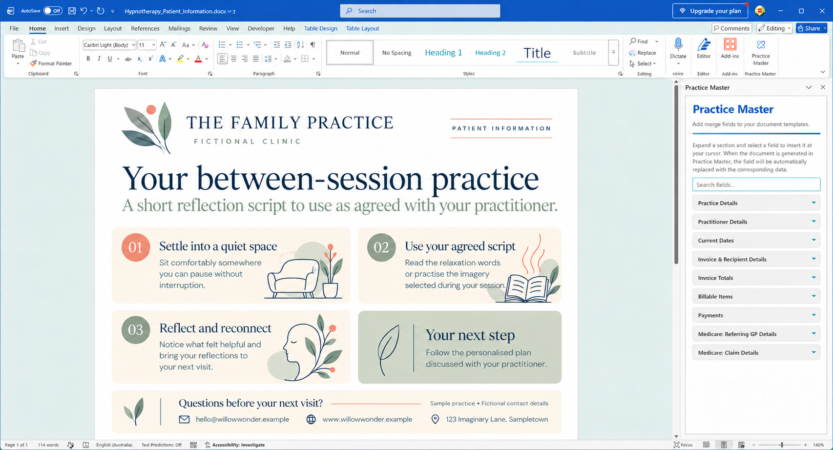 Hypnotherapy patient information sheet open in Word with the Practice Master add-in