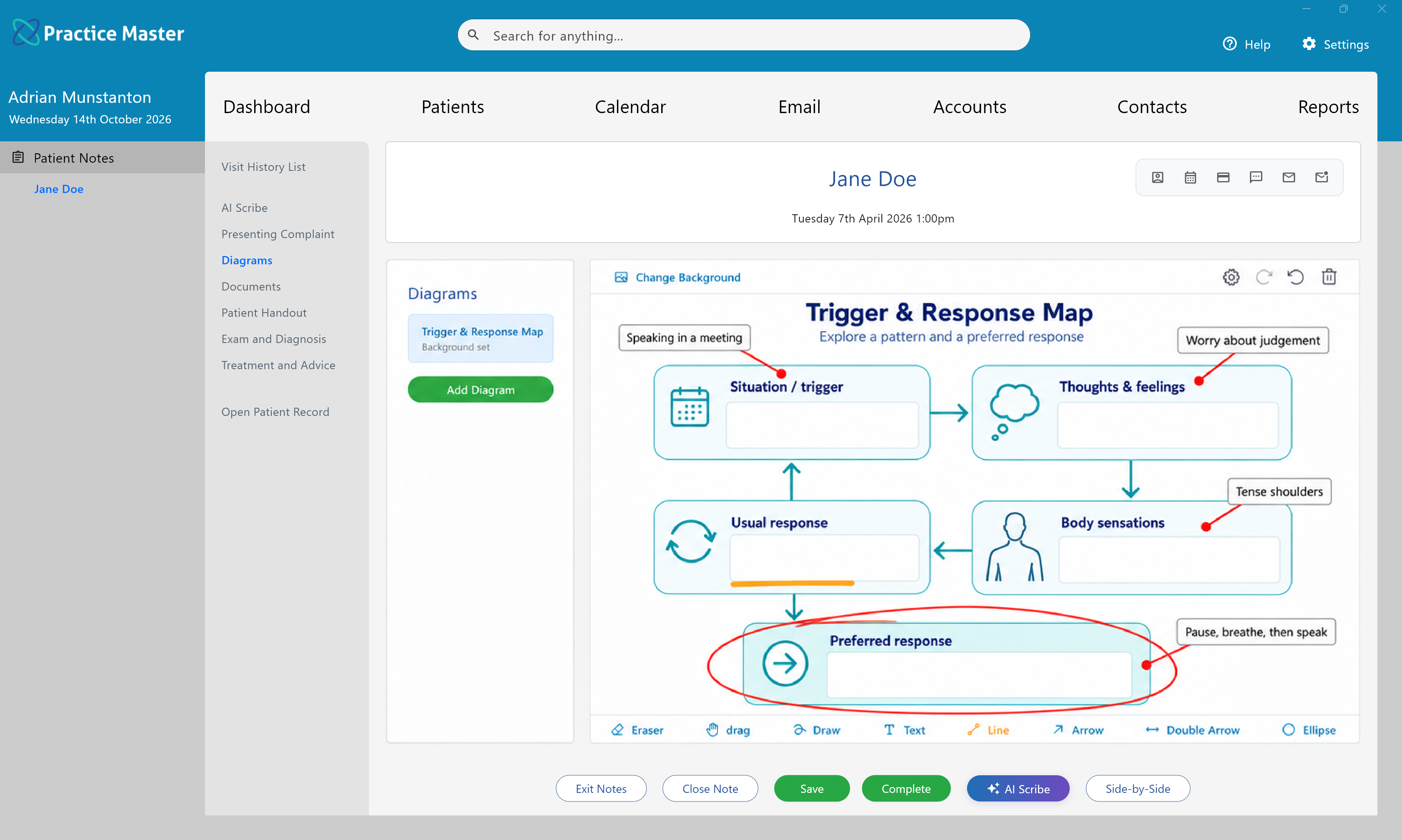 Diagrams tab showing hypnotherapy diagrams in Practice Master Pro patient notes