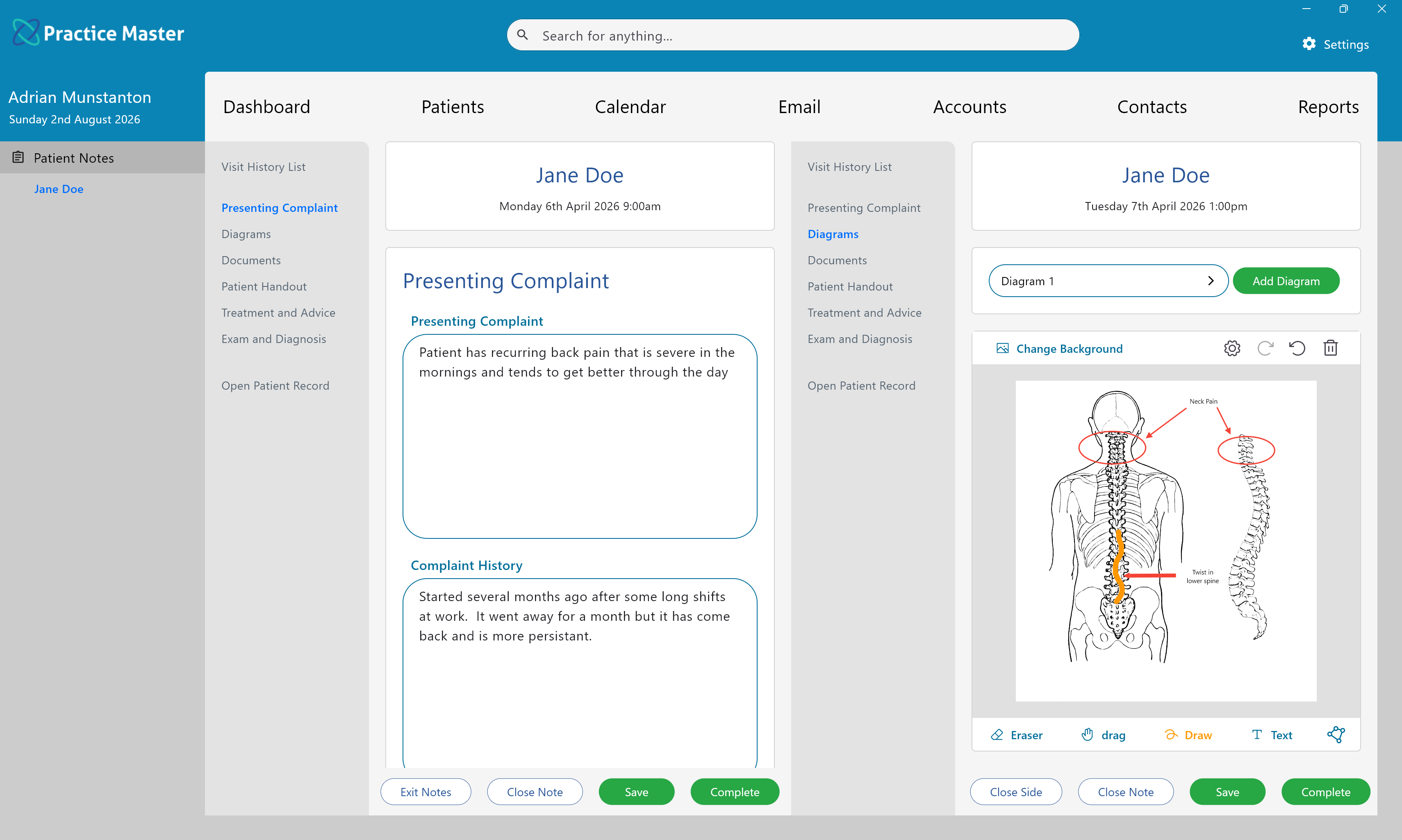 Practice Master Pro consultation notes displayed side by side