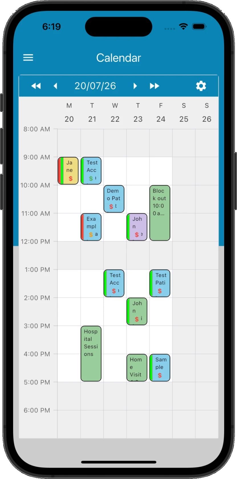 The calendars patient billing integrations showing appointments linked with invoice and payment status