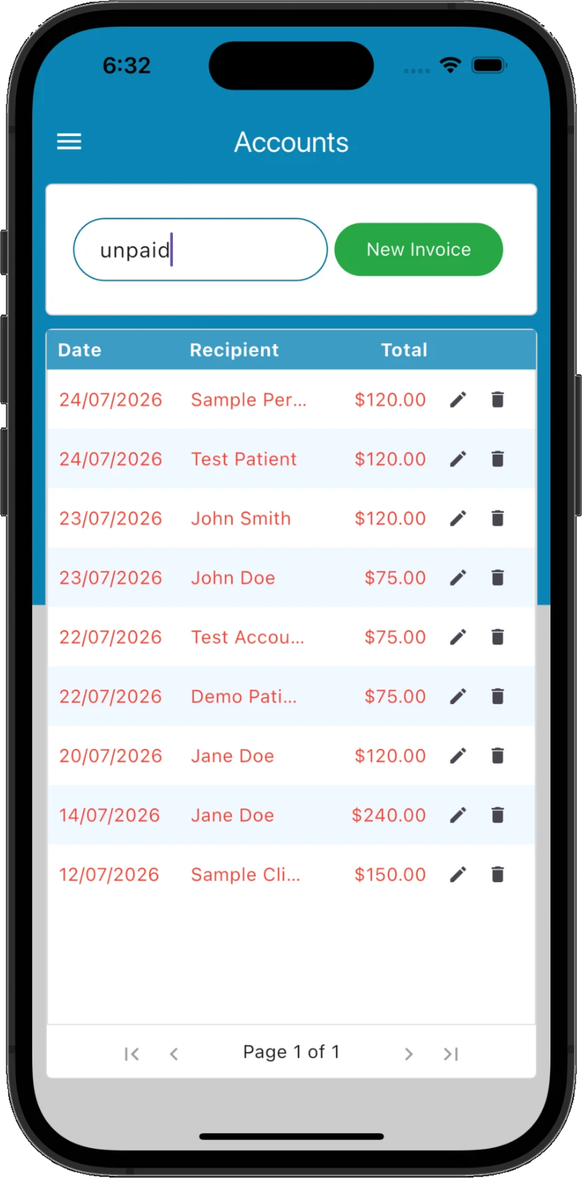 Unpaid invoices filtered for account follow-up