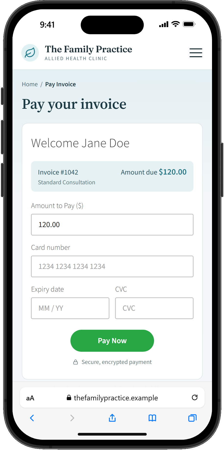 Hosted invoices for online payment integrate seamlessly with Practice Master Pros patient billing software