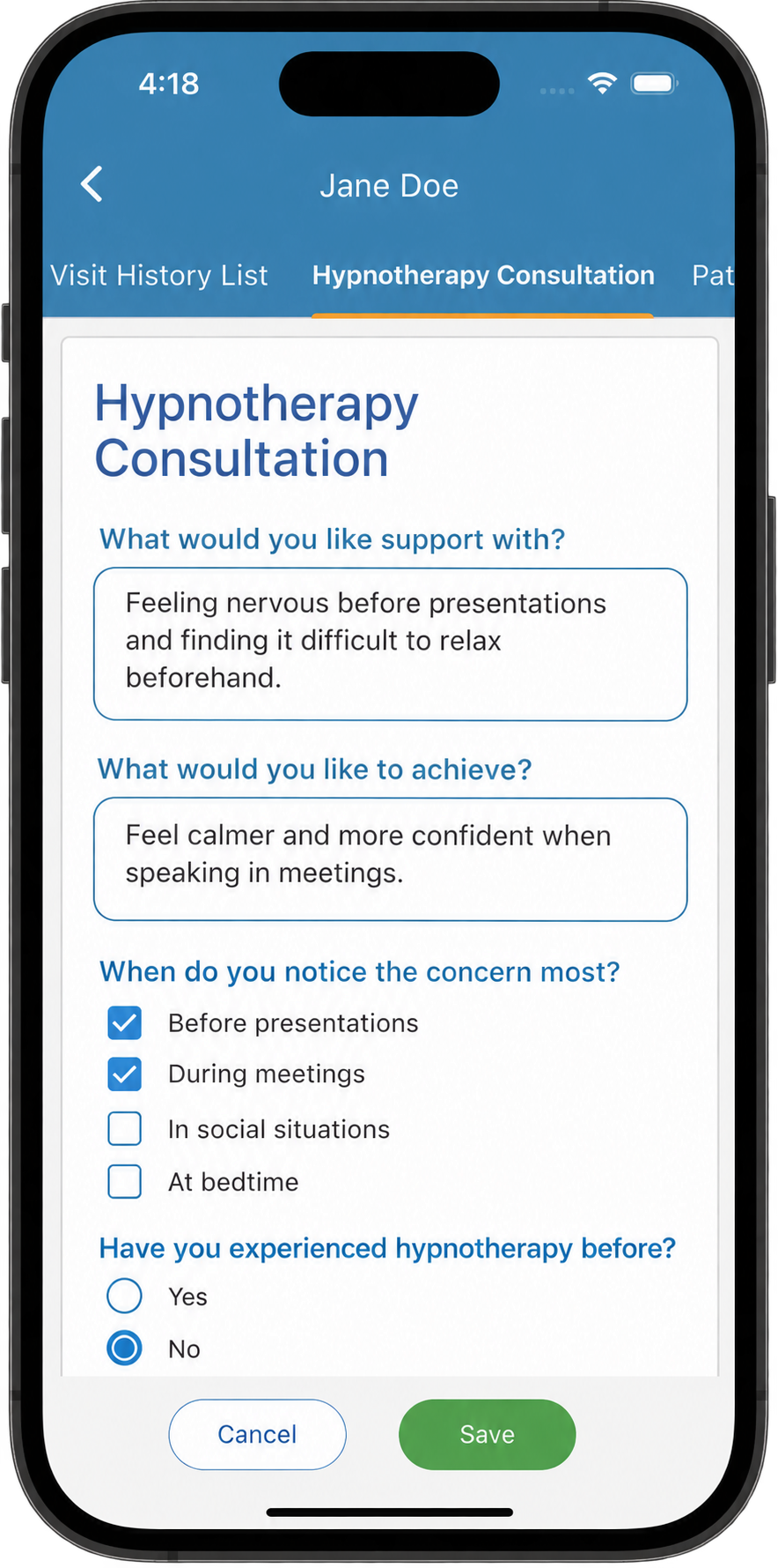 Custom hypnotherapy session template open in patient notes